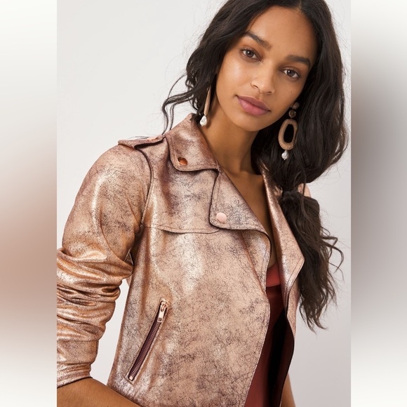Anthropologie Gold Leather Motorcycle Jacket - Picture 3 of 13